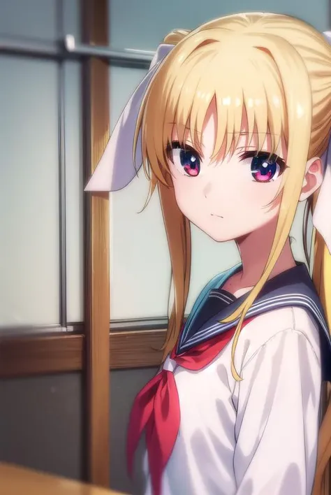 fatetestarossa, <lora:fate testarossa movie2-lora-nochekaiser:1>,
fate testarossa, long hair, blonde hair, (red eyes:1.3), twintails, hair ribbon,
BREAK long sleeves, school uniform, serafuku, shirt, white shirt, white sailor collar,
BREAK indoors, classro...