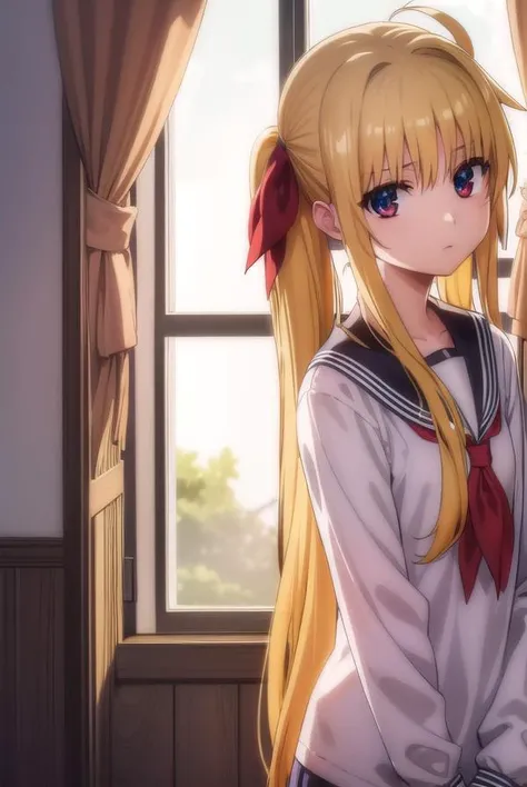 fatetestarossa, <lora:fate testarossa movie2-lora-nochekaiser:1>,
fate testarossa, long hair, blonde hair, (red eyes:1.3), twintails, hair ribbon,
BREAK long sleeves, school uniform, serafuku, shirt, white shirt, white sailor collar,
BREAK indoors, classro...