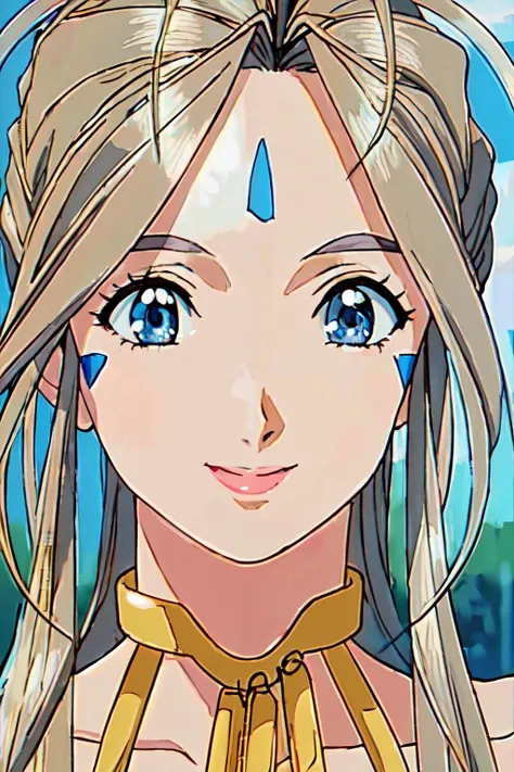 anime girl with long blonde hair and blue eyes in a yellow dress