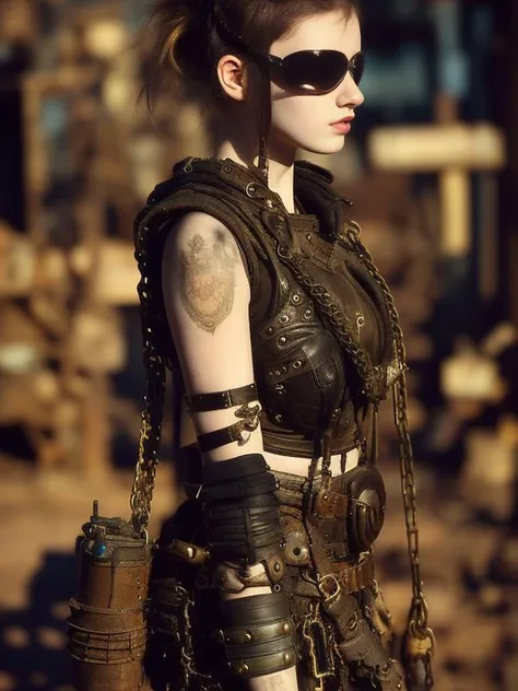 cute thiny girl, mask, postapocalypse warrior, leather, leather straps, rivets, chains, ropes, bronze, corrugated tubes, against...