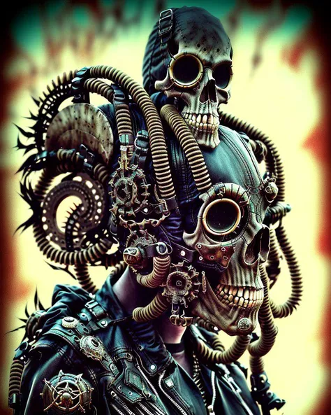 postapocalypse  warrior, skull, skeleton, mech, cybertech, 4k, highest quality,grunge aesthetics, grunge textures, washed out co...