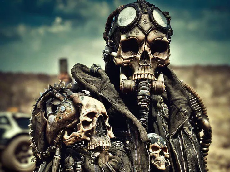 postapocalypse  warrior, skull, skeleton, mech, cybertech, 4k, highest quality,grunge aesthetics, grunge textures, washed out co...