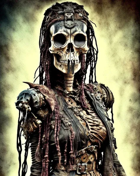 postapocalypse  warrior, skull, skeleton, mech, cybertech, 4k, highest quality,grunge aesthetics, grunge textures, washed out co...