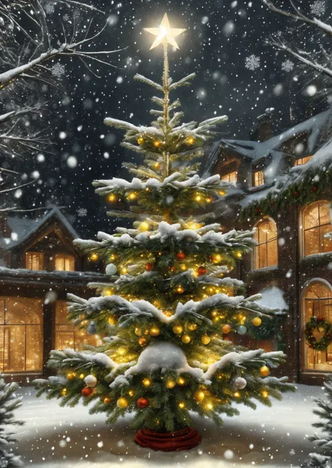 a christmas tree in the snow with a star on top