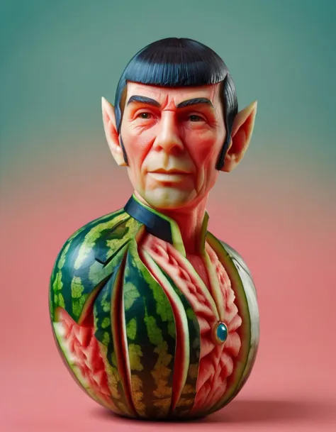 a close up of a watermelon sculpture of a man with a watermelon on his head