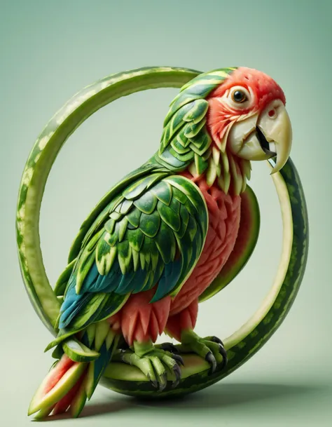 there is a green and red bird sitting on a green ring