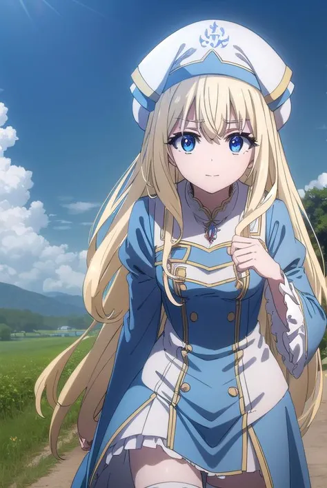 priestess, <lora:priestesss2-lora-nochekaiser:1>, 
priestess, blonde hair, blue eyes, long hair, hair between eyes, (small breast:1.2), smile,
BREAK boots, dress, frilled sleeves, frills, hat, white headwear, pelvic curtain, high heels, robe, thigh boots, ...