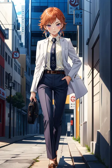 anime character walking down a narrow street with a briefcase