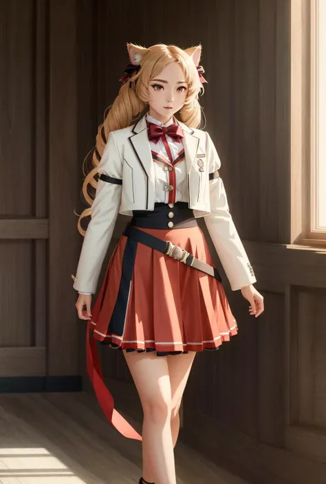 ranoa magic ranoa magic academy school uniform, shirt, white shirt, buttons, buttoned cuffs, jacket, white jacket, cropped jacket, bow, (red bow), bowtie, red bowtie, long sleeves, puffy sleeves, skirt, ((red)) skirt, pleated skirt, shoes, arm belt, high-w...