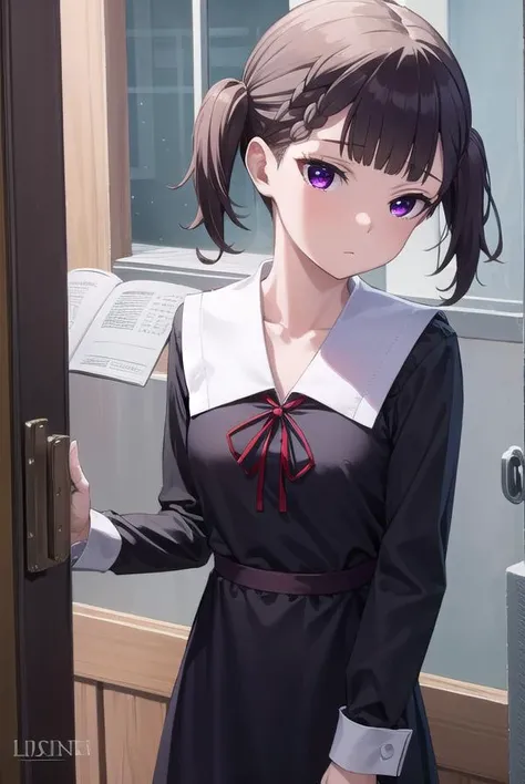 makishijou, <lora:makishijou-lora-nochekaiser:1>,
maki shijou, bangs, blunt bangs, (purple eyes:1.1), twintails, two side up, braid, short twintails,
BREAK long sleeves, dress, ribbon, school uniform, black dress, red ribbon, neck ribbon, collared dress, s...