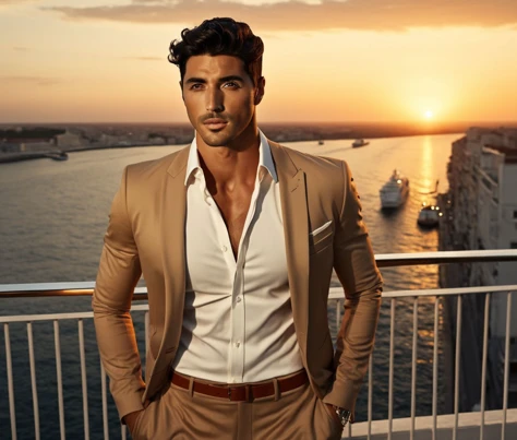 arafed man in a tan suit standing on a balcony overlooking a body of water