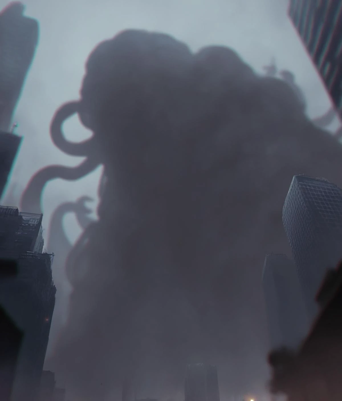 a close up of a giant octopus in a city with buildings