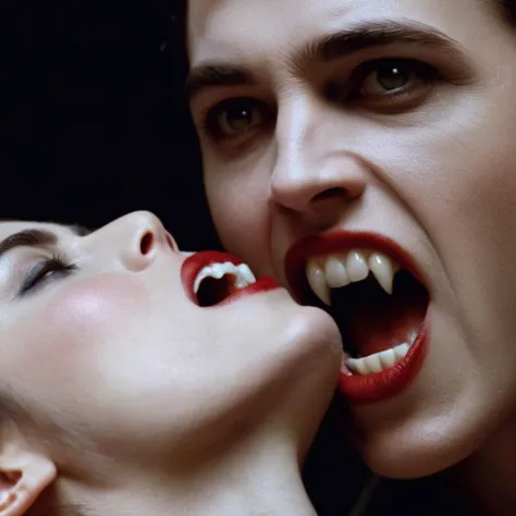 cinematic film still of  <lora:vampire fangs teeth 2:1.2>
1990s And epic photo of a Female Vampire a woman is biting a mans neck with her mouth Vampire Fangs Teeth from a vampire movie scene, shallow depth of field, vignette, highly detailed, high budget, ...