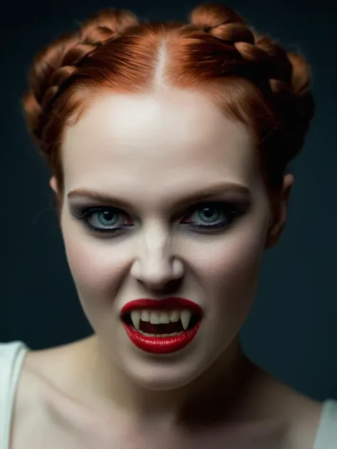 a close up of a woman with red hair and a vampire makeup