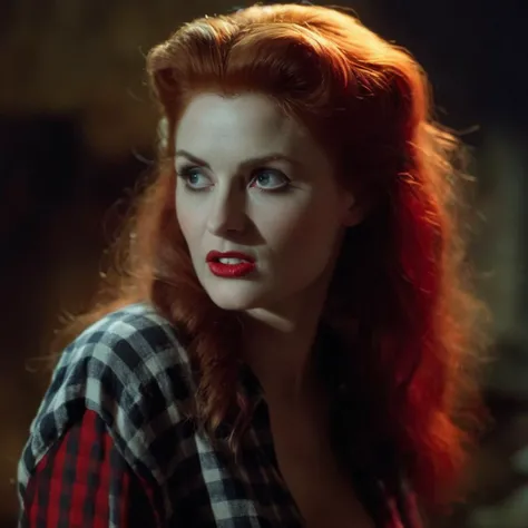 cinematic film still of  <lora:vampire fangs teeth 2:1.2>
frank frazetta painting of a  Female Vampire a vampire woman with red hair and a plaid shirt and Vampire Fangs Teeth staring at camera with a spot light on behind in back, shallow depth of field, vi...