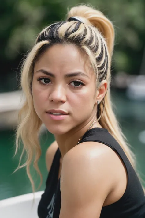 RAW, real photo portrait, shakira2, on a boat, (wearing a wet black t-shirt), pretty face, insanely detailed eyes, light blonde hair, high ponytail, bokeh, natural light, depth of field, golden hour, sharp focus