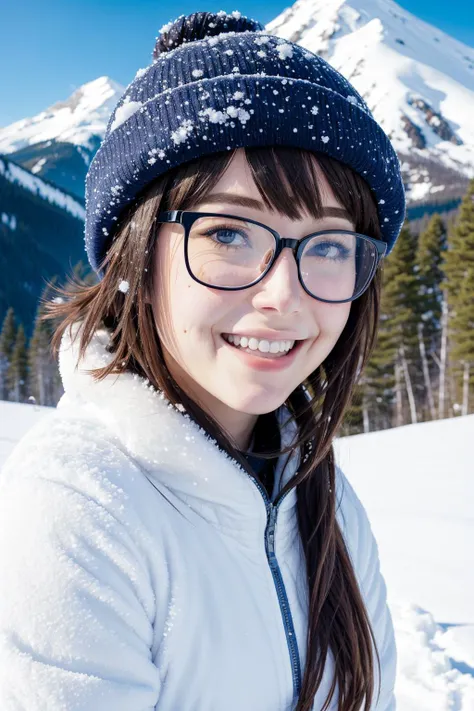 1girl, nerdy, <lora:nerdy_fc_v1.0.safetensors:0.5>, glasses, anime, absurdres illustration,, close-up portrait of beautiful smiling woman with freckles, snow-covered mountain, full body, 16mm, 35mm, vivid colors, high quality, white balance, kodak film, hi...