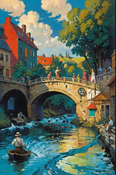 painting of a river with people on it and a bridge