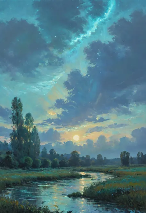 painting of a river with a sky and clouds in the background