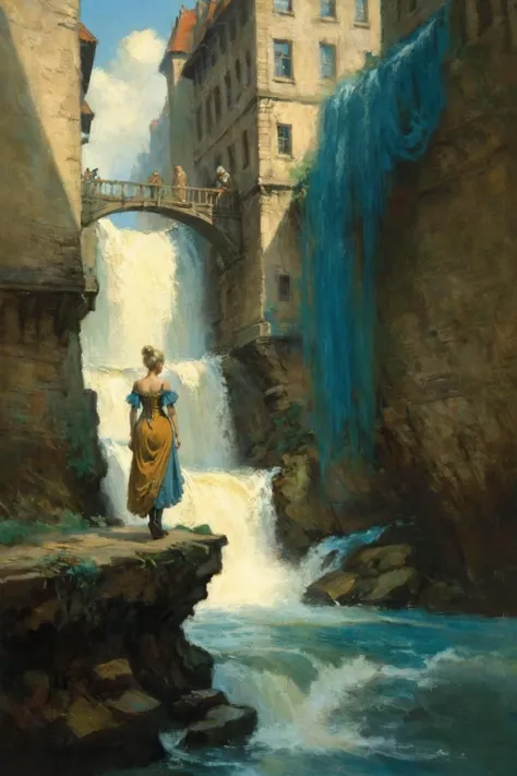 painting of a woman standing on a ledge in front of a waterfall