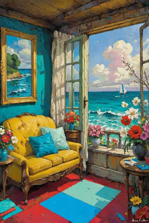 painting of a living room with a yellow couch and a yellow chair