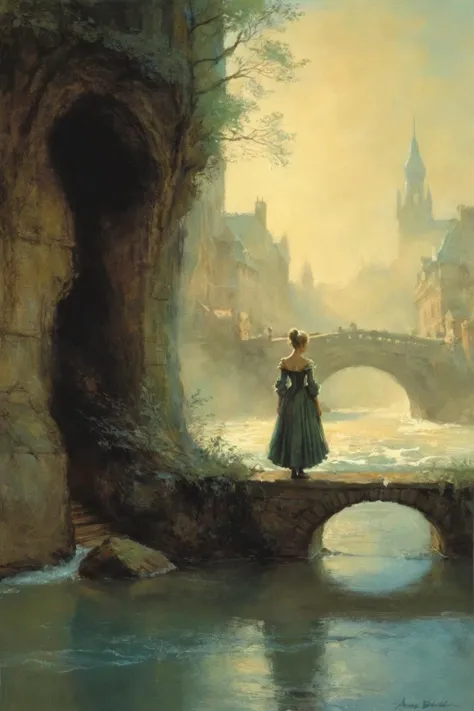 a painting of a woman in a green dress standing on a bridge