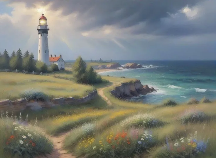 impressionist painting, a landscape with wild meadows, flowers. lighthouse, coast, stormy, lightbeams,  <lora:EldritchImpressionismXL1.0final:1>