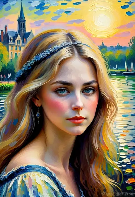 a painting of a woman with a headband in front of a lake