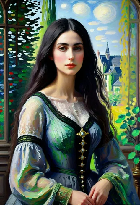 a painting of a woman in a green dress sitting in front of a window