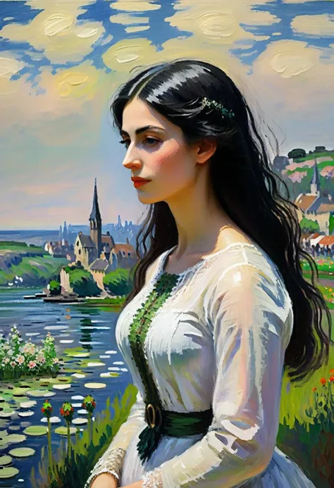 painting of a woman in a white dress standing in front of a lake