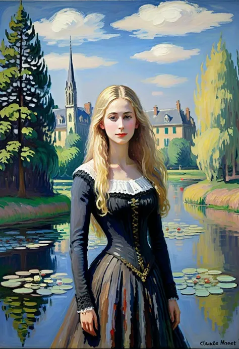 painting of a woman in a dress standing by a lake