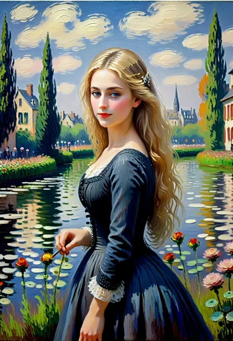 painting of a woman in a black dress standing in front of a pond