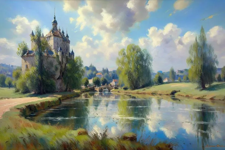 painting of a castle on a hill overlooking a lake