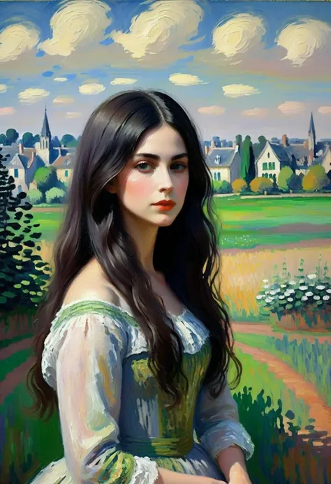 a painting of a woman in a dress standing in a field