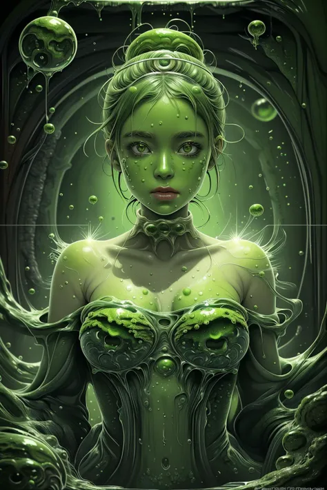 a woman in a green dress with a green face and green eyes