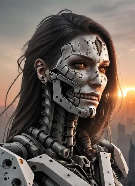 realistic photo of ((woman in a hulking hydraulic biomechanical exoskeleton armored robot)), (detailed face), sunset, sweaty, gr...