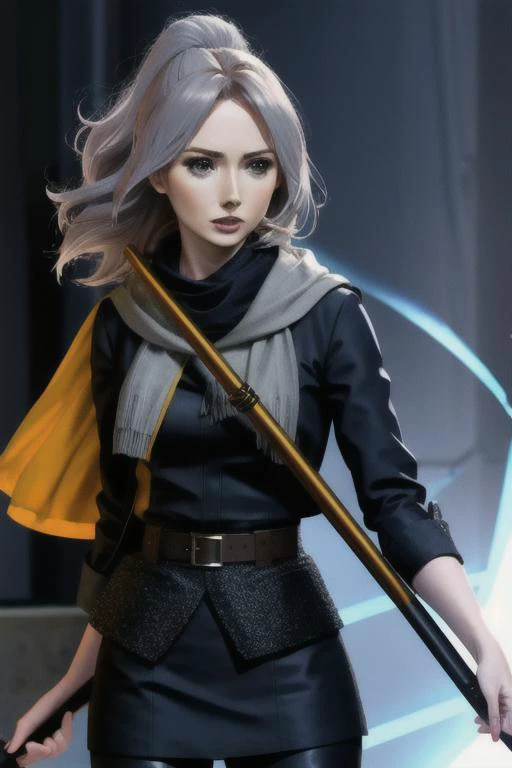 a woman in a black outfit holding a sword and a yellow cape