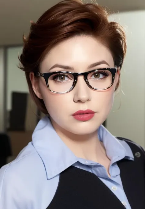 (wide angle),half-length portrait,lipstick,eyelashes,(parted lips),outdoors, 
 semi-rimless eyewear, ((office,uniform)) ,
lookin...