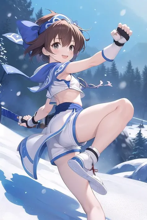 masterpiece,ultra detail,best quality,girl,flat chests,Rimururu,ice,sideboob,outdoor,snow mountain, gloves, shorts, fingerless gloves, white shorts, shoes, hair between eyes, ainu clothes, <lora:Rimururu:0.7>,blade,fighting pose,smile