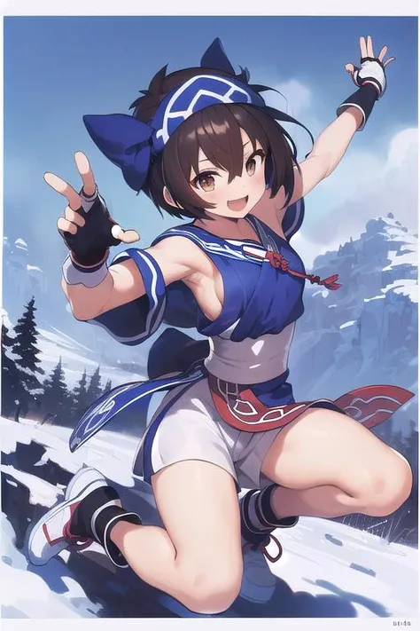 masterpiece,ultra detail,best quality,girl,flat chests,Rimururu,ice,sideboob,outdoor,snow mountain, gloves, shorts, fingerless gloves, white shorts, shoes, hair between eyes, ainu clothes, <lora:Rimururu:0.7>,blade,fighting pose,smile