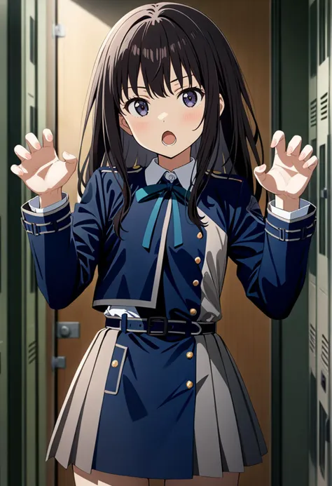 anime girl in uniform standing in a hallway with her hands out