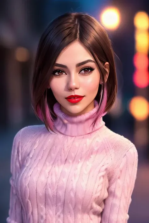 photo of beautiful vicjustice-2220:0.99, a woman, ((short hair, pink hair)), ((outdoors, city street, at night):1.2), ((turtleneck sweater dress):1.2), ((red lips, eye shadow, eyeliner):1.1), ((closeup, portrait):1.1) ((best quality, masterpiece):1.2), (ph...