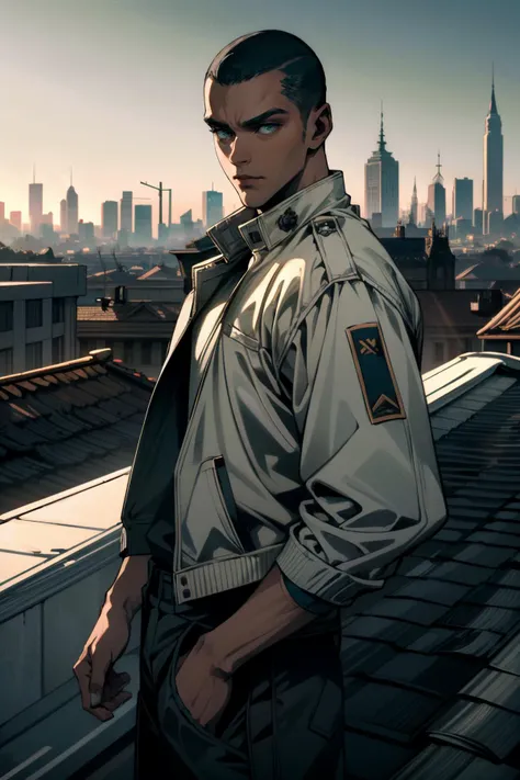 a close up of a person standing on a roof with a city in the background