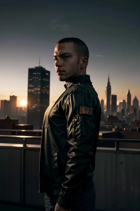 arafed man in a black jacket standing on a roof with a city in the background