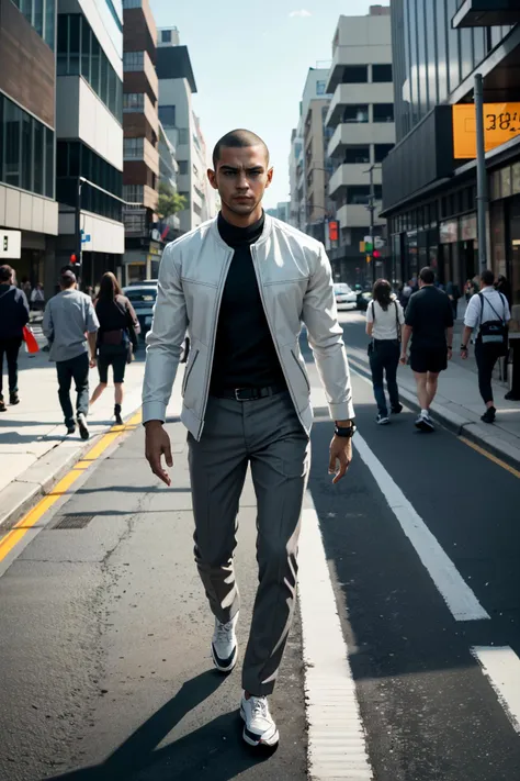 araffe man walking down the street in a white jacket and grey pants