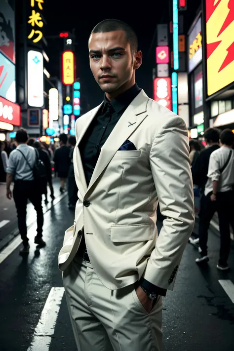 arafed man in a suit standing in a busy city street