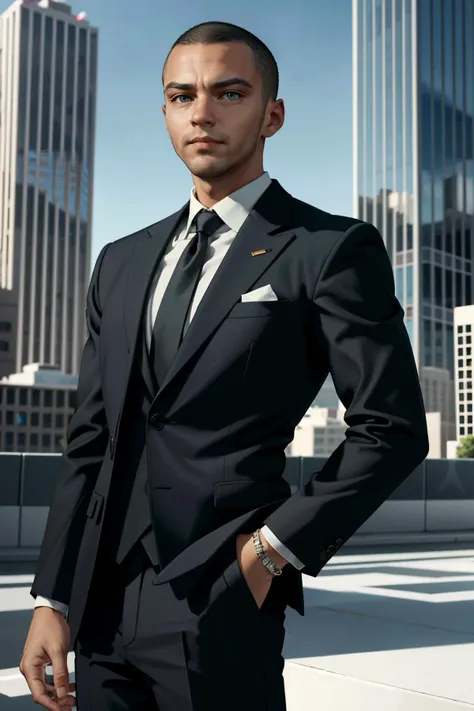 arafed man in a suit and tie standing in front of a city skyline