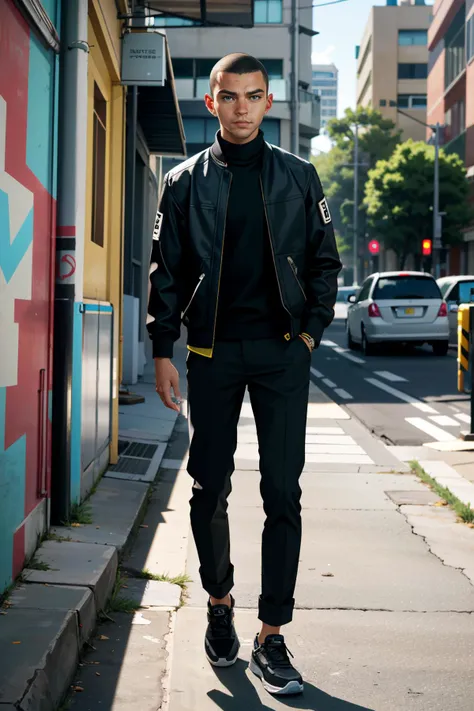 arafed man in black jacket and black pants standing on sidewalk