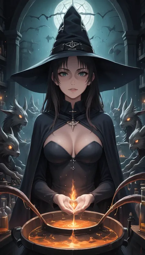 witch's coven: a dark, atmospheric anime setting with a coven of witches performing rituals, surrounded by cauldrons and magical...