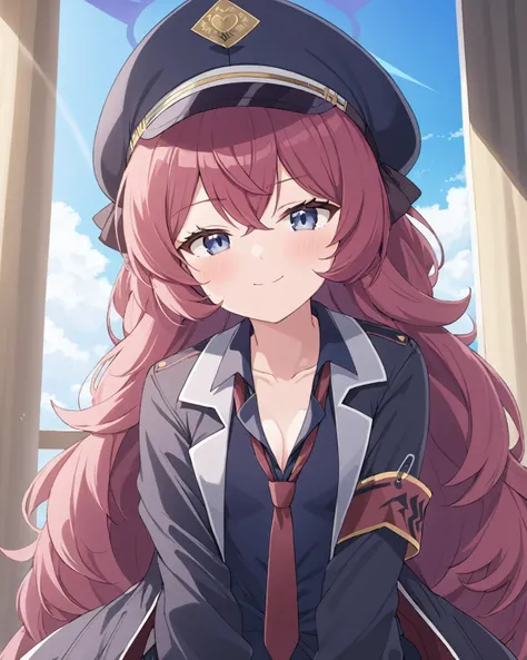 iroha (blue archive),1girl, solo, red_necktie, halo, looking_at_viewer, smile, peaked_cap, loose_necktie, blush, armband, military_hat, black_shirt, long_sleeves, collared_shirt, collarbone, small_breasts, indoors, necktie_grab, window, closed_mouth, cloud...